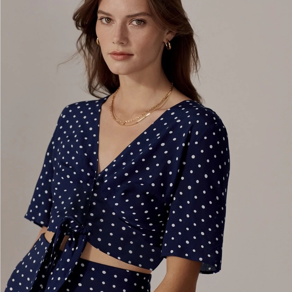 Favorite Daughter Navy Polka Dot Crop Top Tie In Blouse
